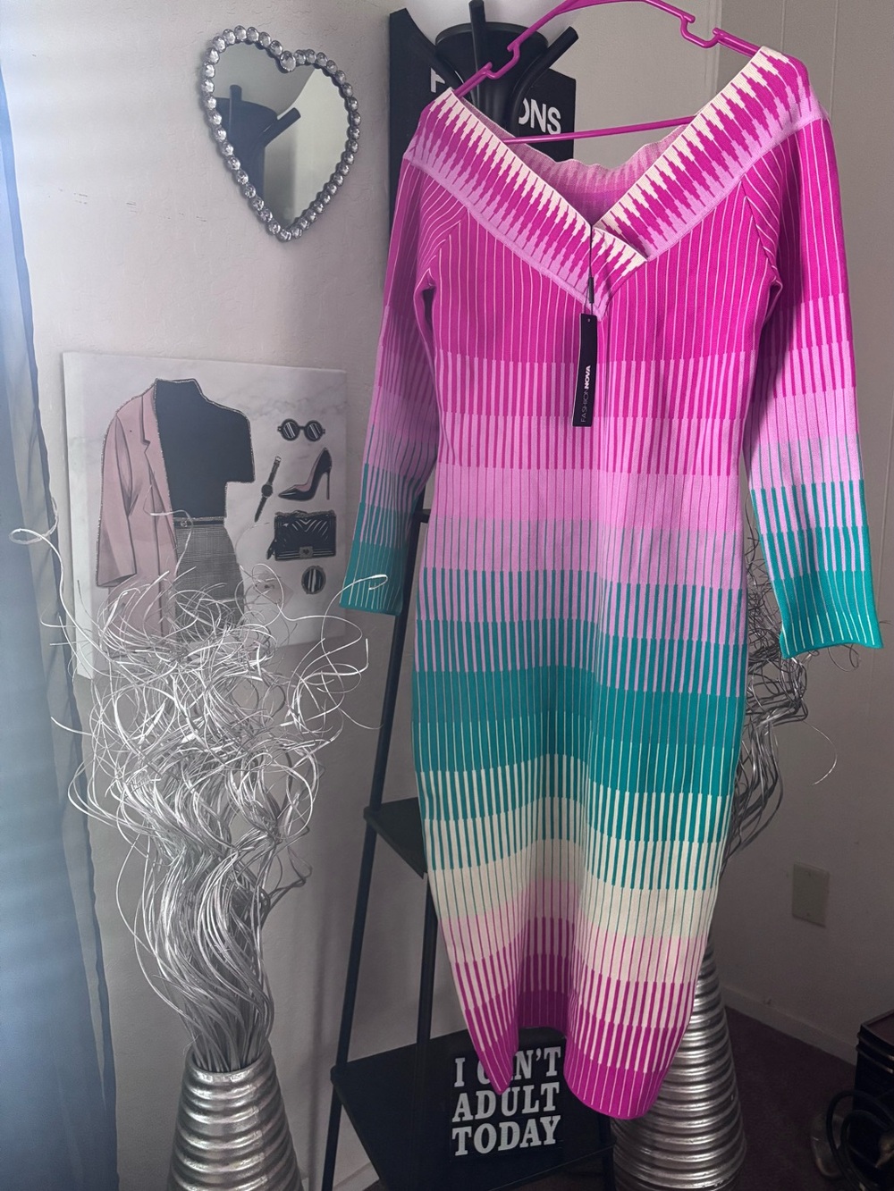 Fashion Nova Pink, Teal & White Striped V‑Neck Bodycon Dress